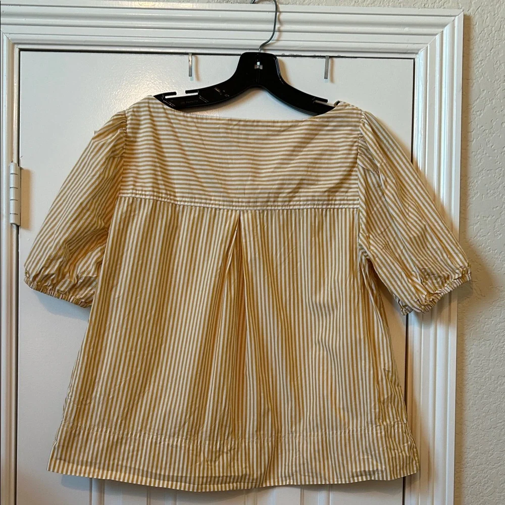 J.Crew Yellow White Striped Boatneck Puff Sleeve Blouse Top Size Medium